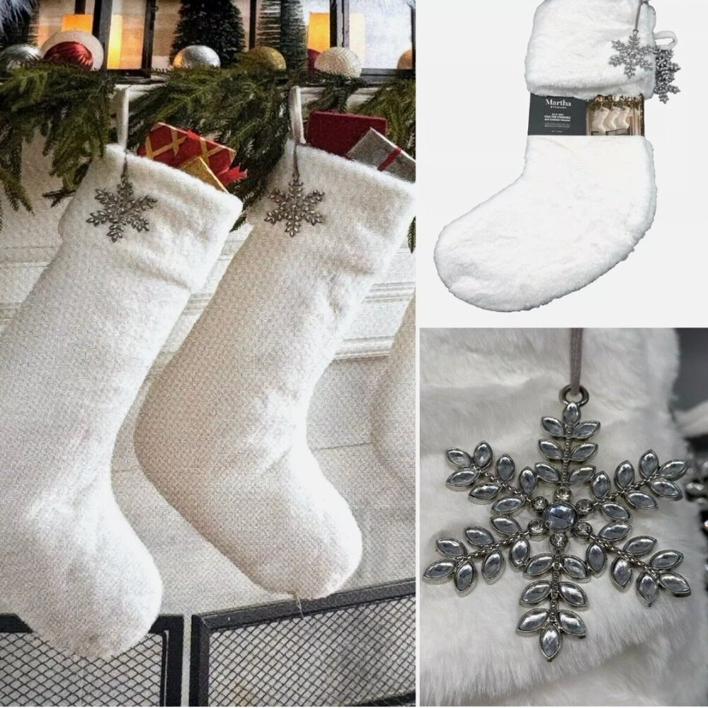 x3 Martha Stewart White Faux Fur Christmas Stocking Set Silver Jeweled Snowflake